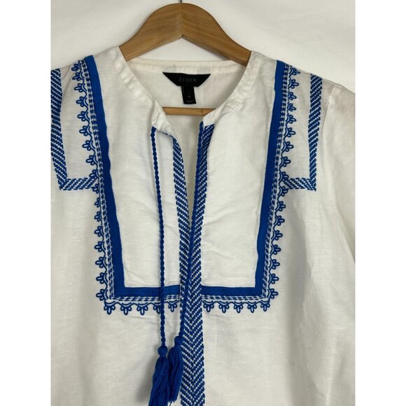 J Crew Tunic Blouse Women's Size 2 White Blue Embroidered Tassel Linen Blend - Picture 11 of 15